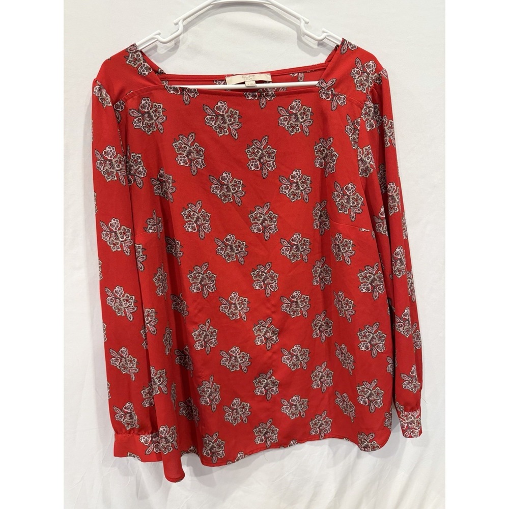 LOFT Plus Blouse Size 16 Red Paisley Floral Boat Neck Long Sleeve Pleated Top